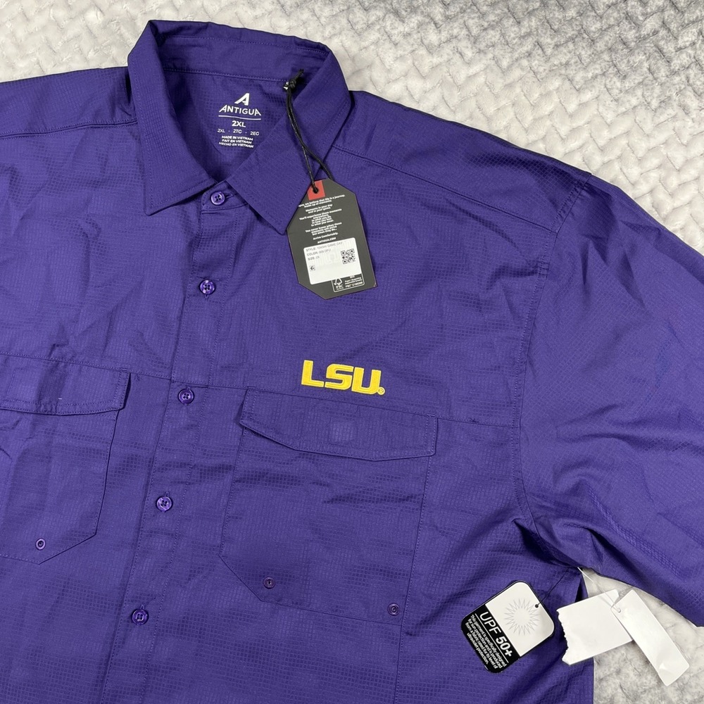 LSU Tigers Antigua PFG Omni-Shade Mens Button Shot Slv Shirt Vented Fishing 2XL